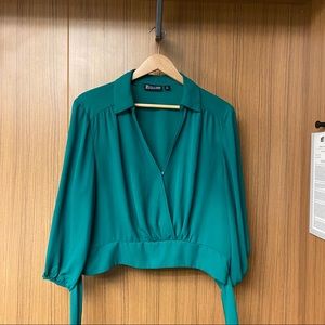 New York & Company Kelly Green Wrap Waist Blouse